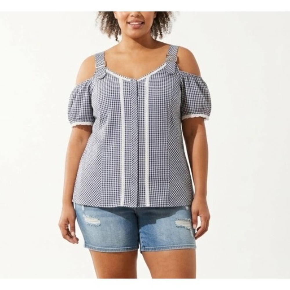 New‎ Ulla Popken Gingham Cold Shoulder Blouse size 20 Navy Lace Buckle Straps